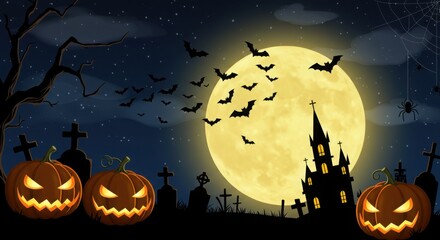 Fototapeta premium Halloween night scene with pumpkins, bats, and haunted house