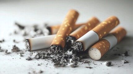 smoked cigarettes placed on a white surface, the burnt ends and scattered ashes creating a minimalist yet poignant scene of their life cycle