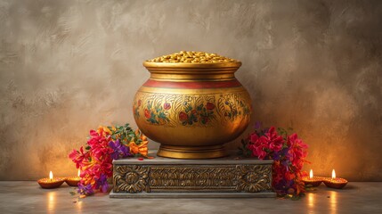 Golden Pot Overflowing with Coins on Pedestal Surrounded by Diyas and Flowers for Akshaya Tritiya Festival Celebration
