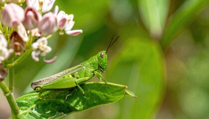 Fototapeta premium Close-up of a vibrant green grasshopper perched on a leaf among pink flowers