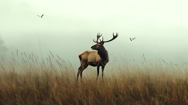 Majestic deer in a misty field.