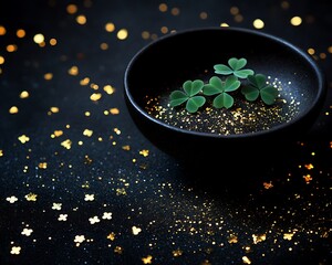 Three green clovers resting in a black bowl of sparkles