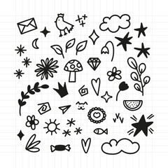 Fototapeta premium Abstract doodles collection. Small hand drawn elements. Set of vector illustrations for print, posters, social media posts, apparel, stickers