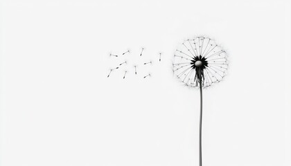 Fototapeta premium Dandelion with soft seeds blowing in the wind, isolated to symbolize change and renewal in floral-inspired creative projects.
