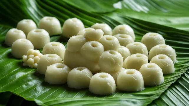 Served on a leaf, putu mayang is a traditional sweet dessert made with rice flour and coconut milk