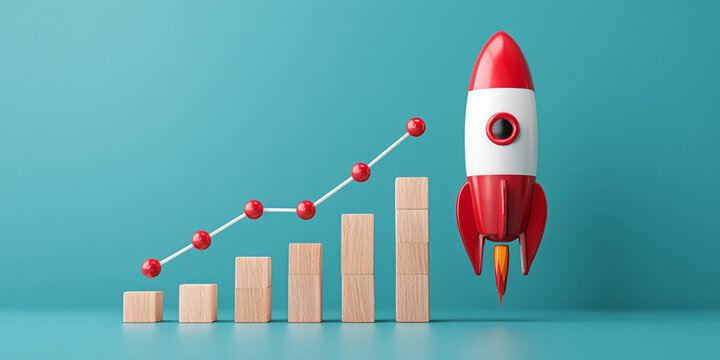 Red rocket launching above ascending wooden blocks graph, symbolizing growth, success, and business achievement