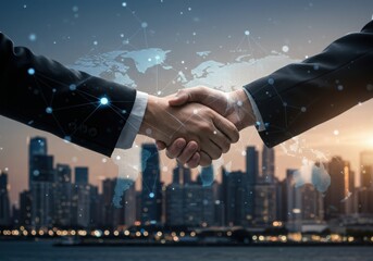 Business handshake with world map overlay against a city skyline at sunset