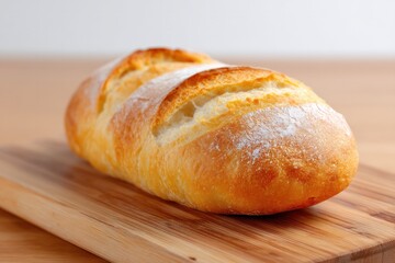 Naklejka premium Artisan bread with golden crust resting on a natural wooden surface showcasing authentic wood knots and texture