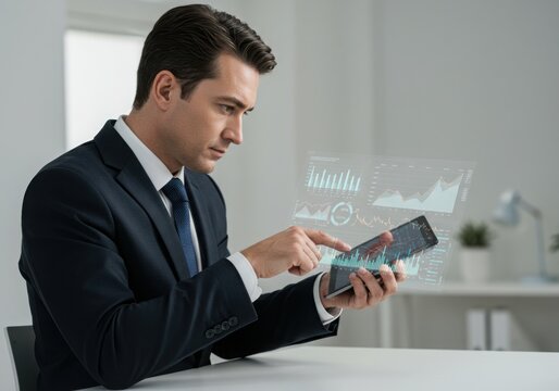 Businessman in suit analyzing data on tablet with holographic interface view - Powered by Adobe