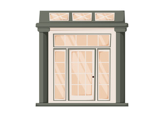 Elegant glass front door with dark columns and transom windows. Vector cartoon isolated illustration of modern vintage entrance for architectural design, real estate, and decorative use.
