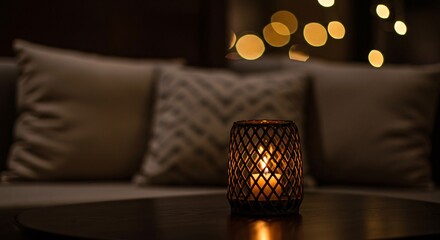 Cozy candle light glows softly on a table with pillows in the background