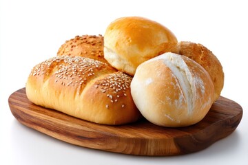 Fresh bread roll assortment arranged on a rustic wooden board emphasizing texture and freshness, isolated on white background