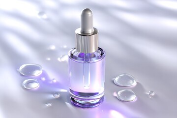 Realistic close-up of a translucent serum bottle with droplets on the surface surrounded by minimal shadows