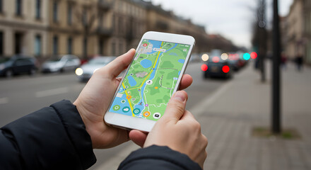 Hands Hold Smartphone Displaying Detailed Map on Urban Street with Blurred Cars and Buildings on a Cloudy Day