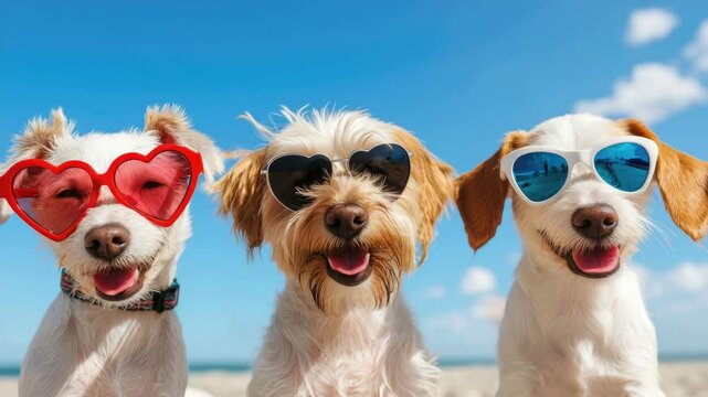 Happy Dogs Wearing Sunglasses and Heart-Shaped Glasses at the Beach