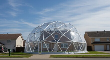 Naklejka premium House encased in a geodesic dome structure on a residential street view shot