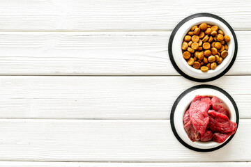 Various pet food in feeding bowls. Natural and dry food for choice. Top view