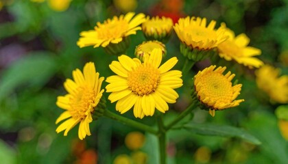 Fototapeta premium Close-up vibrant yellow daisies in natural garden setting showcasing detailed flower structure