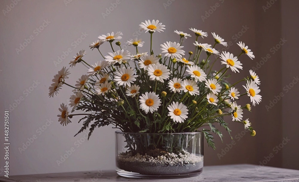 Aufkleber vase of white daisies sits on a table. the flowers are arranged in a way that makes them look like t