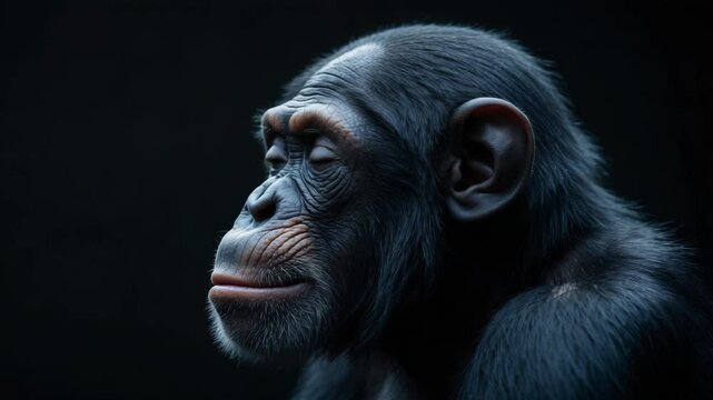 Portrait of a curious chimpanzee appearing to ask a question, with background elements.