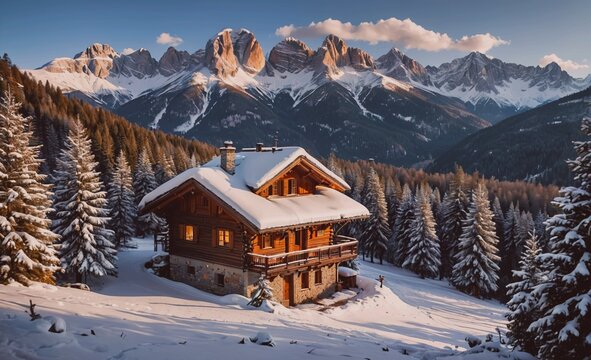 Cozy cabin in the woods with a view of snow-capped mountains. The cabin is surrounded by pine trees and the snow-covered ground. Concept of warmth and comfort