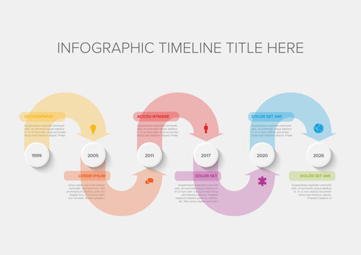 A clean, effective infographic timeline template for clear data visualization. Modern infographic timeline illustrates a process, history, or project steps with milestones and dates.