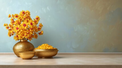 Golden Pots with Marigold Flowers and Coins on Wooden Table Against Blue Wall Background for Akshaya Tritiya Festival Celebration