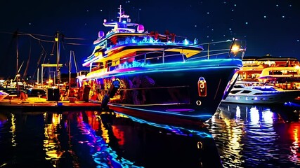 A large boat is lit up at night in the water - Powered by Adobe