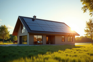 Obraz premium Modern Solar Powered House, Eco Friendly Sustainable Architecture, Clean Energy Living