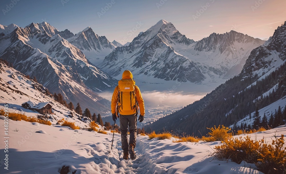 Poster man in a yellow jacket is walking on a snowy mountain trail. the mountains in the background are cov