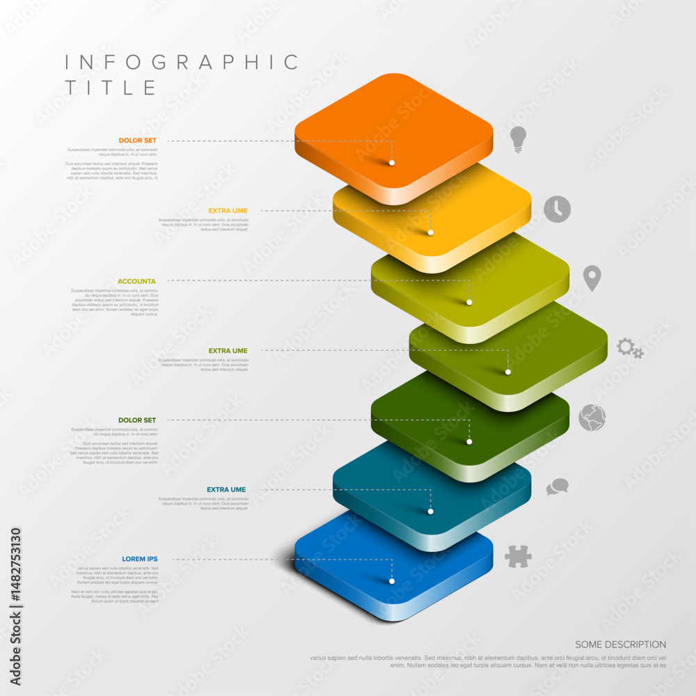 Poster a visually appealing 3d layered stack infographic design featuring colorful steps. this layered info