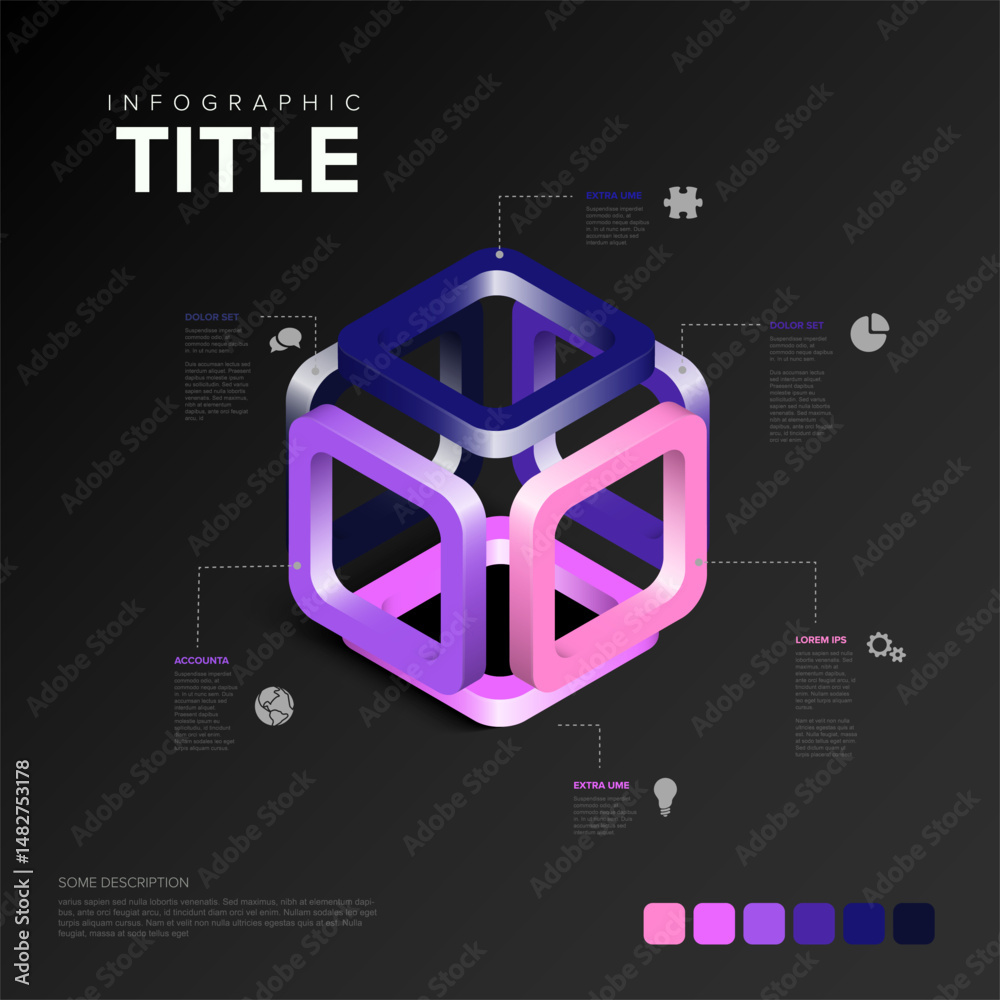 Poster Abstract 3D cube structure for infographic data presentation on a dark background. Use this modern 3D cube design for your next infographic or presentation flow element concept.
