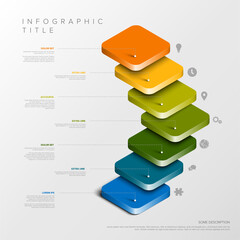 A visually appealing 3D layered stack infographic design featuring colorful steps. This layered infographic illustrates a multi-step process or timeline, perfect for presenting sequential information.