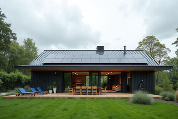 Obraz premium Modern Solar Powered House, Eco Friendly Sustainable Architecture, Clean Energy Living