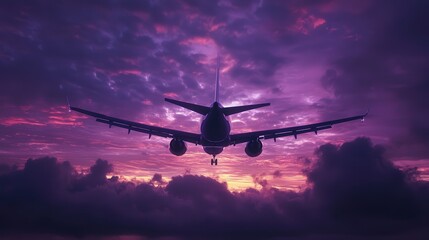 commercial airplane in the distance, flying through a deep purple sky filled with wispy clouds at twilight