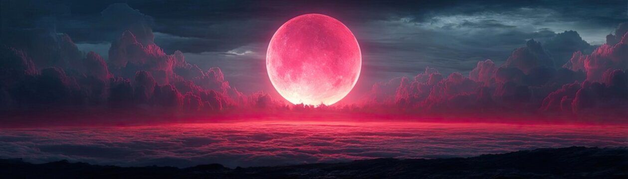 Red moon behind black clouds with eerie flames at night concept. A captivating crimson moon rises over a serene ocean landscape.