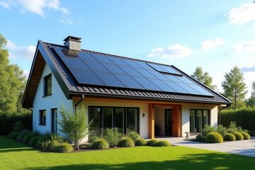 Obraz premium Modern Solar Powered House, Eco Friendly Sustainable Architecture, Clean Energy Living