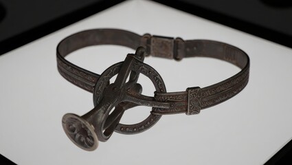 Obraz premium Photorealistic Medieval Chastity Belt with Intricate Engravings on White Background