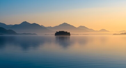 Lonely Island Lake Sunrise Reflection Calm blue Water, Misty Mountains