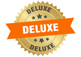 deluxe. deluxe round orange and gold label isolated on transparent background