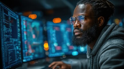 A cybersecurity analyst examines a digital system for vulnerabilities, ensuring encryption protocols are up to date