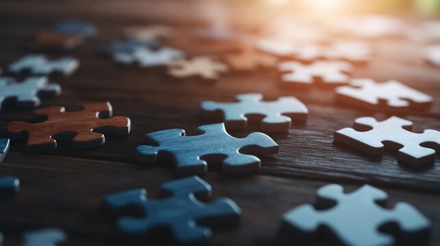 Puzzle pieces scattered on a wooden surface