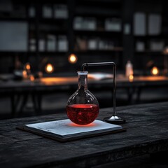 Glass Flask with Red Liquid in Dark Laboratory Setting at Night