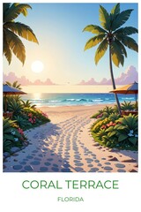 Obraz premium Coral terrace Florida United states Travel Poster Illustration Print Decor Gift Canvas Wall Art Gift
