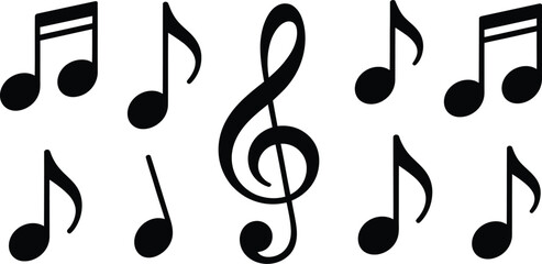 A collection of musical notes and a treble clef arranged on a white background in a simple illustration