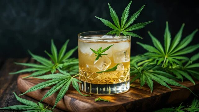 Transparent glass of chilled drink with leaves on a dark wood background.