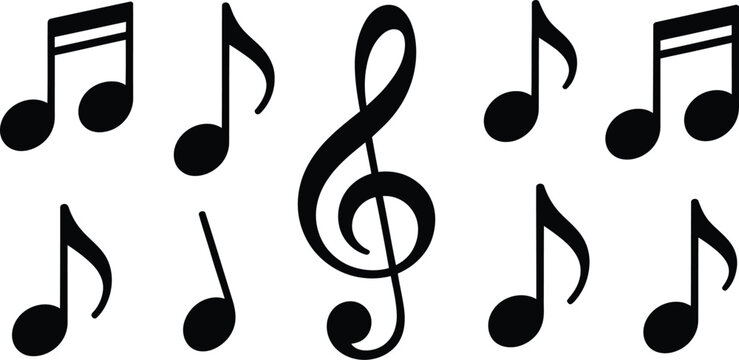 A collection of musical notes and a treble clef arranged on a white background in a simple illustration