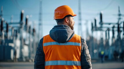 An engineer in safety gear surveys a power plant. He wears a bright orange vest and helmet while inspecting the facility.