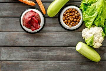 Tasty food for pets with beef meat and vegetables, top view