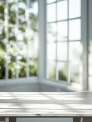 White Table Surface in Bright Room with Large Windows and Greenery Outside, Interior Design Close Up